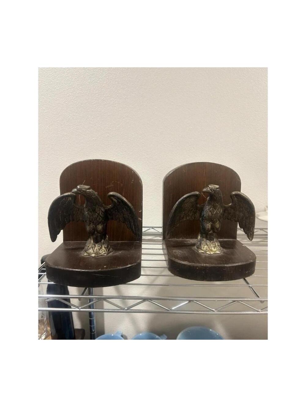 Vintage Basketville Wood Metal American Bald Eagle Bookends Pair 7x6”